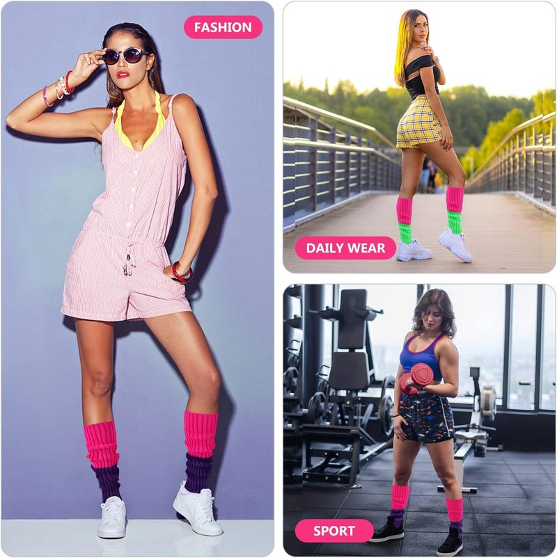 Junely 2 Pairs Leg Warmers for Women 80s Ribbed Knit Leg Warmer Pack for Ballet Dance Figure Skating Yoga Party Neon - Image 4